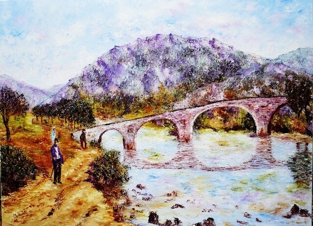 Peinture intitulée "Quézac : Pont romai…" par Monique Laville, Œuvre d'art originale, Huile