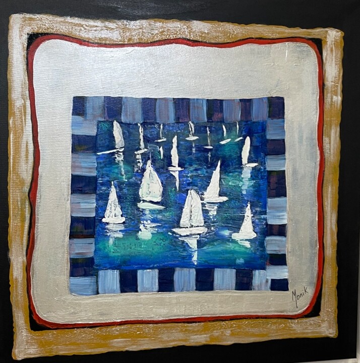 Painting titled "Barcos" by Monique Margueritte, Original Artwork, Acrylic Mounted on Wood Stretcher frame