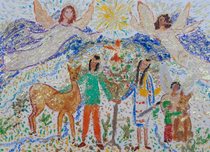 Peinture intitulée "Des anges sur tous…" par Monique Pouchet, Œuvre d'art originale, Pastel Monté sur Carton
