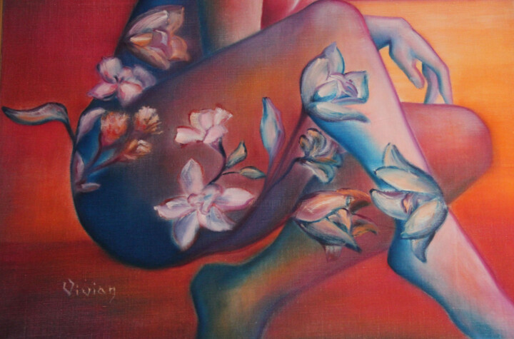 「Femme fleur - Détai…」というタイトルの絵画 Monique Vivianによって, オリジナルのアートワーク, オイル