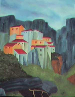 Painting titled "Village" by Monique Dubois, Original Artwork, Oil