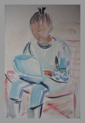 Peinture intitulée "fillette à l'ordina…" par Monique Dehais, Œuvre d'art originale