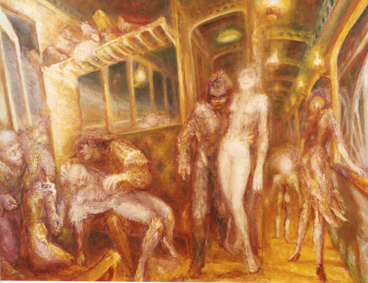 Malerei mit dem Titel "Cythère-Express" von André Helluin, Original-Kunstwerk, Öl