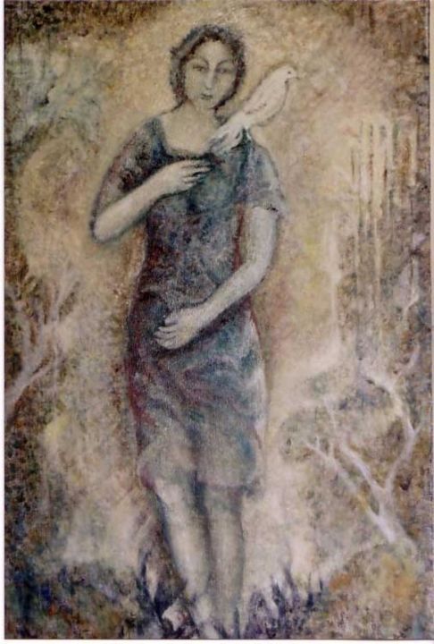 Painting titled "Femme à la colombe" by Monique Salazar, Original Artwork