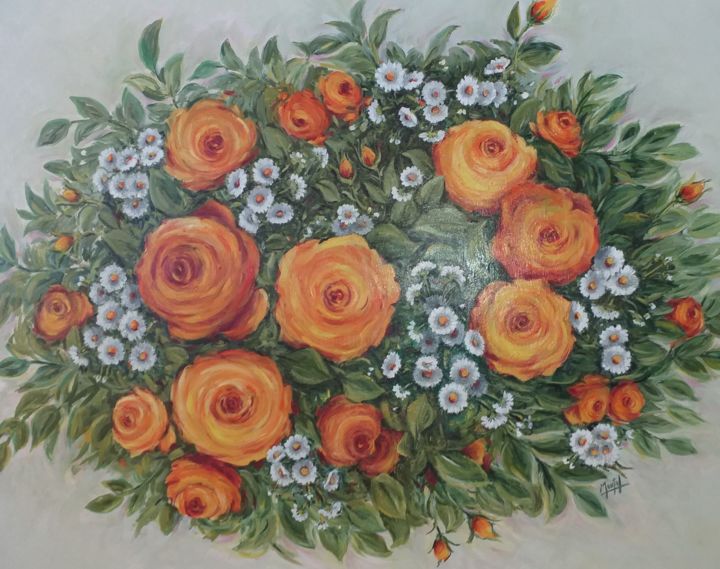 Painting titled "Conjunto florido" by Rosa Montal Riba, Original Artwork, Oil