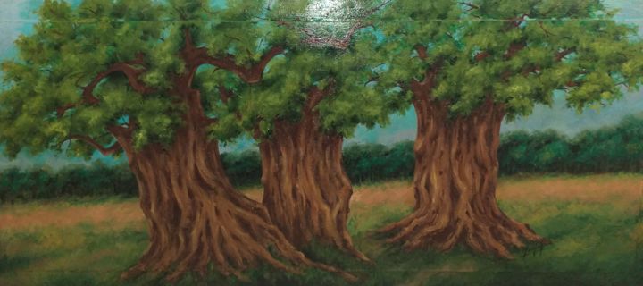 Painting titled "tres oliveres" by Rosa Montal Riba, Original Artwork, Oil
