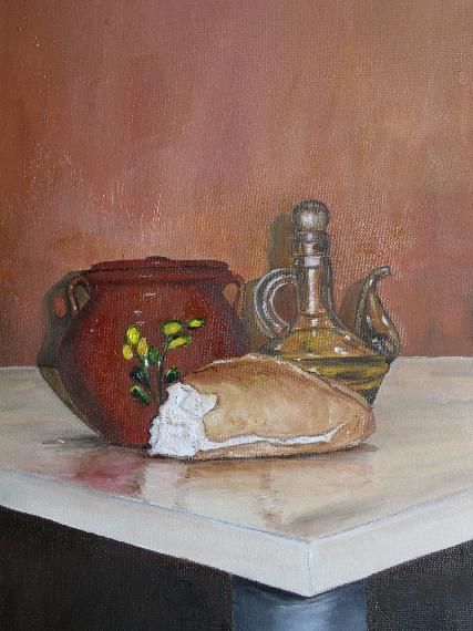 Painting titled "pan , aceite y sal" by Rona Monte, Original Artwork