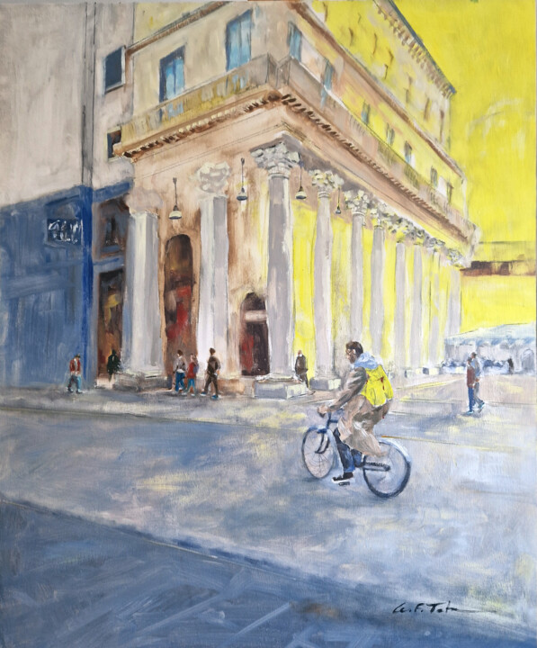 Painting titled "Milano in bicicletta" by Montse Fabra, Original Artwork, Oil Mounted on Wood Panel