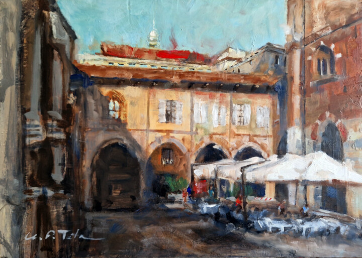 Painting titled "Piazza Mercanti" by Montse Fabra, Original Artwork, Oil Mounted on Wood Panel