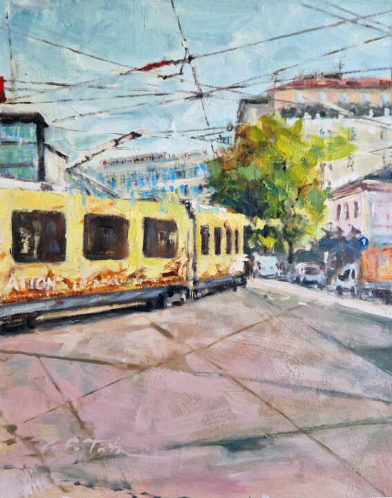 Painting titled "Tram di Milano" by Montse Fabra, Original Artwork, Oil Mounted on Wood Panel