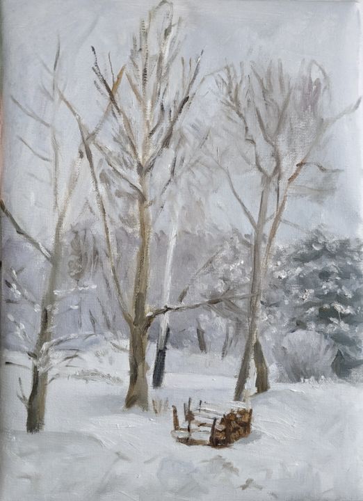 Painting titled "February Winter" by Anna K, Original Artwork, Oil Mounted on Wood Stretcher frame