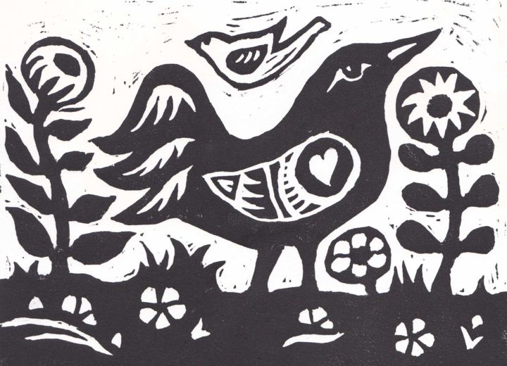 Incisioni, stampe intitolato "blackbird" da Penny Wright, Opera d'arte originale, Incisioni su linoleum