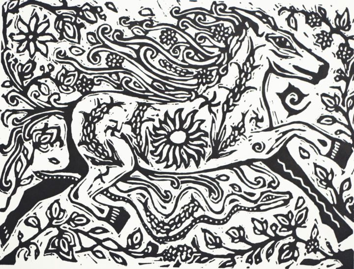 Printmaking titled "Fertility horse" by Penny Wright, Original Art, Linocuts