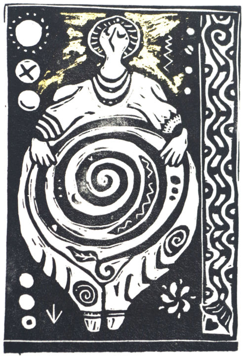 「Neolithic goddess I」というタイトルの製版 Penny Wrightによって, オリジナルのアートワーク, Linocuts