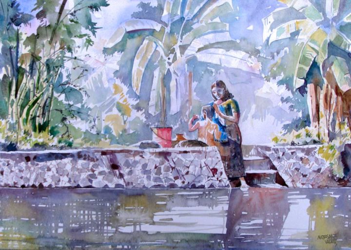 Painting titled "morning-bath-w.jpg" by Mopasang Valath, Original Artwork