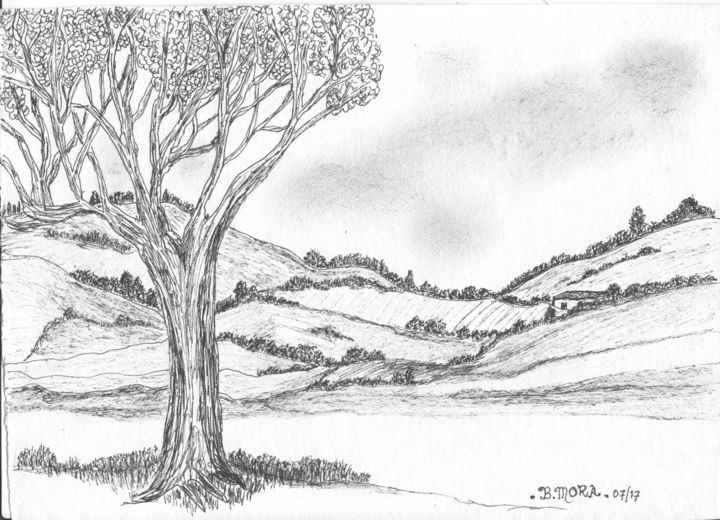 Rysunek zatytułowany „paysage-a-l-arbre.j…” autorstwa Bernadette Mora, Oryginalna praca, Atrament