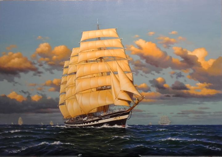 Painting titled "Парусник крузенштерн" by Armus, Original Art, Oil