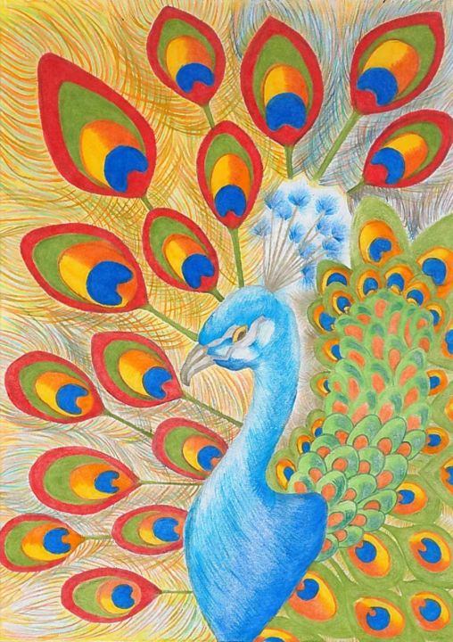 Drawing titled "Peacock" by Mary Khier, Original Artwork, Pastel