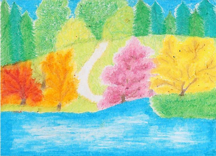 Dessin intitulée "Trees around river" par Mary Khier, Œuvre d'art originale, Pastel