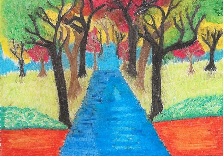 Drawing titled "Trees around the ri…" by Mary Khier, Original Artwork, Pastel