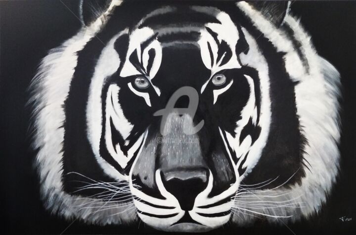 Painting titled "Portrait tigre" by Franck Moreno, Original Artwork, Acrylic Mounted on Wood Stretcher frame