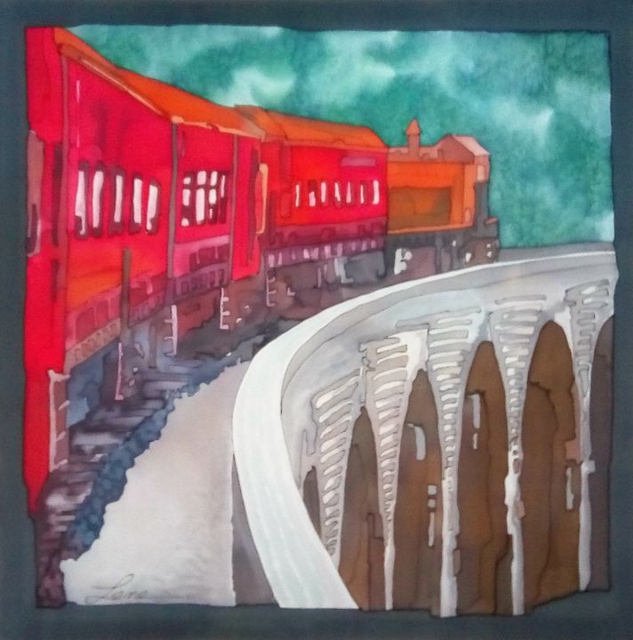 Schilderij getiteld "Red Train" door Jean & Lene, Origineel Kunstwerk, Anders Gemonteerd op Houten paneel