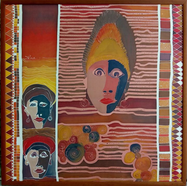 Textile Art με τίτλο "Faces" από Jean & Lene, Αυθεντικά έργα τέχνης, Ύφασμα Τοποθετήθηκε στο Ξύλινο πάνελ