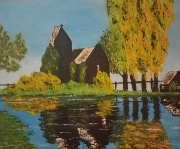 Peinture intitulée "Hovel by the lake" par Morgane Perrault, Œuvre d'art originale, Acrylique