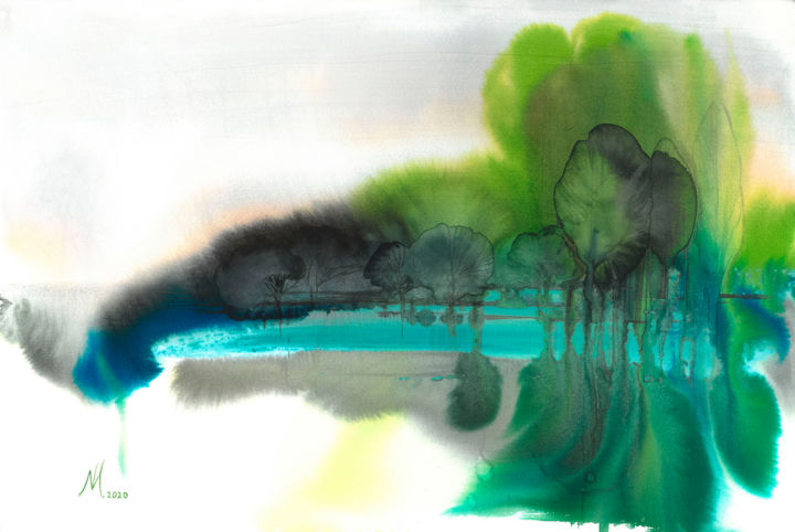 Картина под названием "бирюзовый пруд" - Ирина Моргунова, Подлинное произведение искусства, Акварель