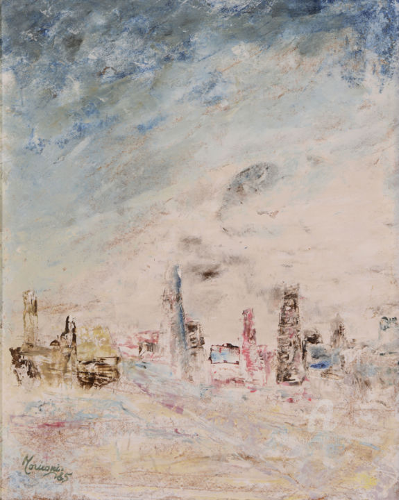 Painting titled "città" by Mariano Moriconi, Original Artwork, Oil