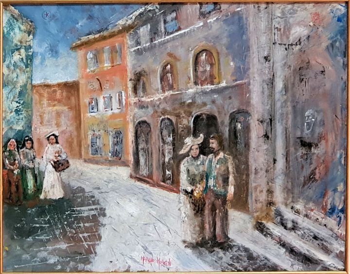 Painting titled "Piazza Angelio" by Mariano Moriconi, Original Artwork, Oil Mounted on Cardboard