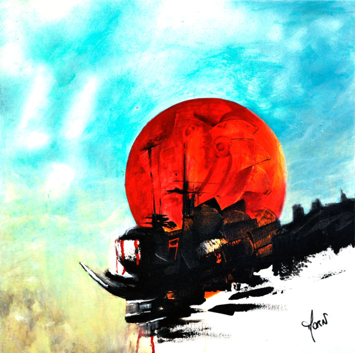 Peinture intitulée "Lune rouge sur Satj…" par Morn, Œuvre d'art originale, Acrylique