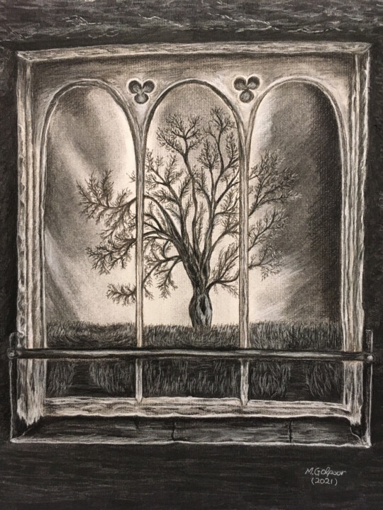 Drawing titled "Framed Tree!" by Morteza Golpoor, Original Artwork, Charcoal