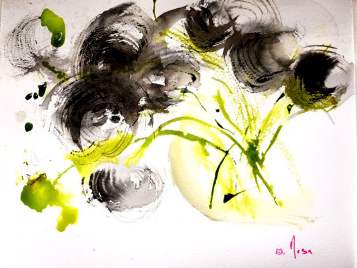 Peinture intitulée "Fleurs encre de pri…" par Mosa, Œuvre d'art originale, Aquarelle