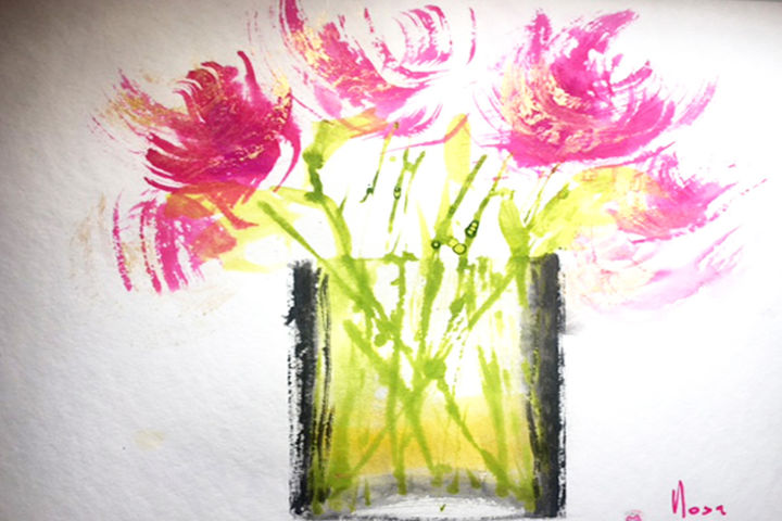 Pintura intitulada "Fleurs dans un vase…" por Mosa, Obras de arte originais, Aquarela