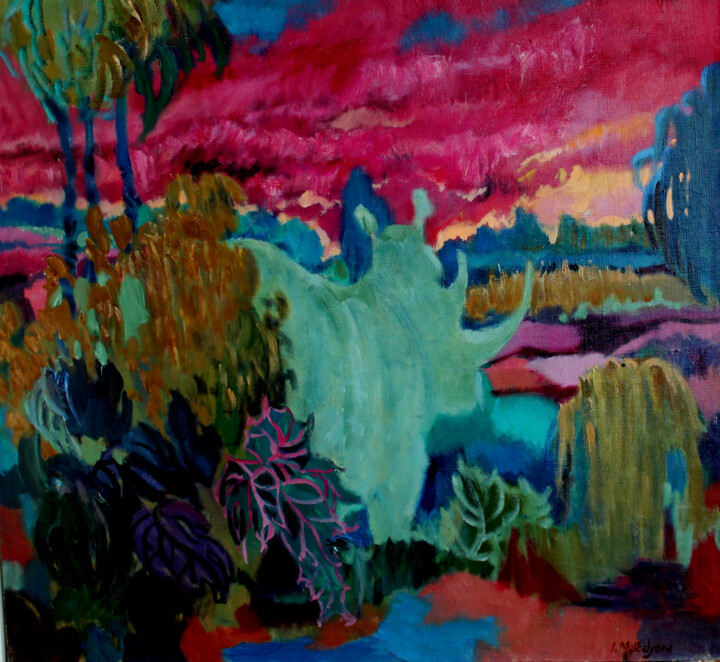 Malarstwo zatytułowany „Багряный закат” autorstwa Ирина Москалёва, Oryginalna praca, Olej Zamontowany na Drewniana rama noszy
