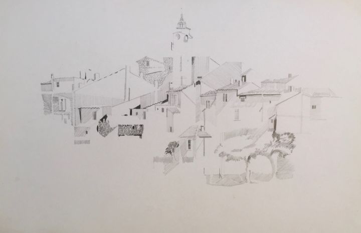 Disegno intitolato "VILLAGE DE ROUSSILL…" da Michel Moskovtchenko, Opera d'arte originale,