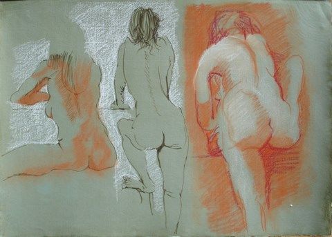 Drawing titled "TROIS DOS DE VERA" by Michel Moskovtchenko, Original Artwork, Conté