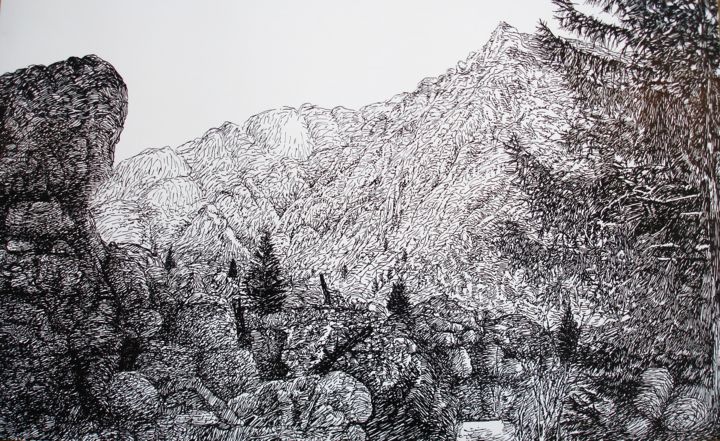 Desenho intitulada "PAYSAGE DANS LES AL…" por Michel Moskovtchenko, Obras de arte originais, Tinta