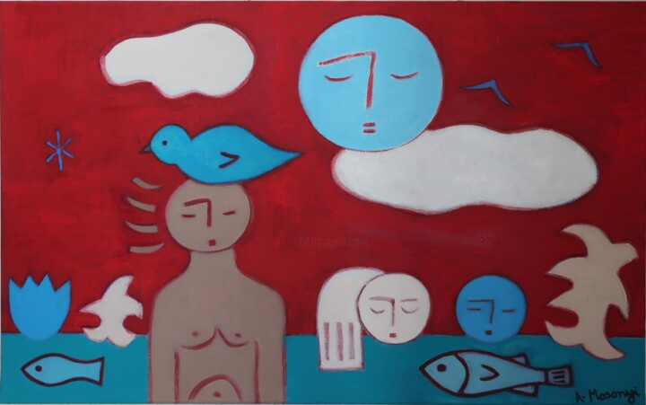 Painting titled "RED CONGREGATION" by Adele Mosonyi, Original Artwork, Oil Mounted on Wood Stretcher frame