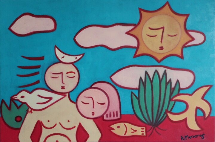 Malerei mit dem Titel "MORNING CONGREGATION" von Adele Mosonyi, Original-Kunstwerk, Öl Auf Keilrahmen aus Holz montiert