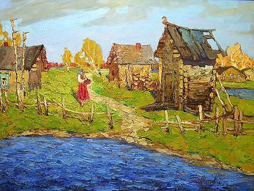 Pittura intitolato ""Autumn in the Nort…" da Dmitry Motov, Opera d'arte originale