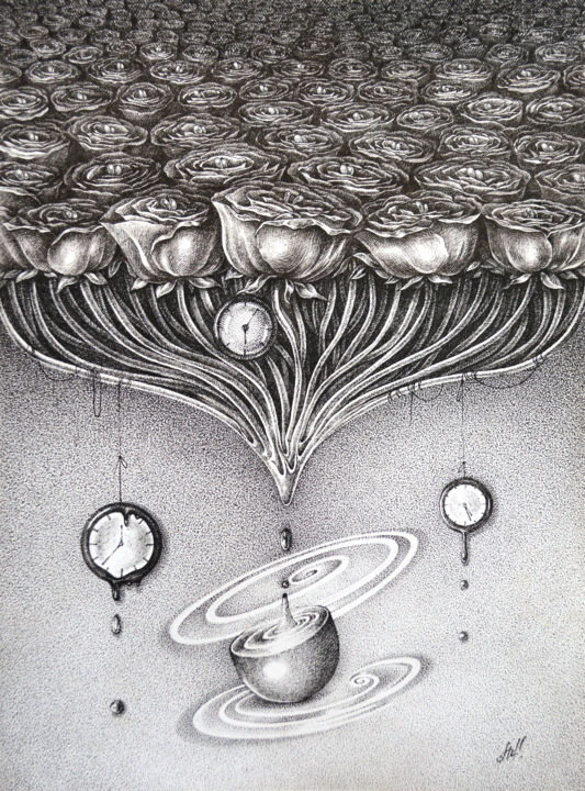 Drawing titled ""Vision of time"" by Motrich Elena, Original Artwork, Gel pen