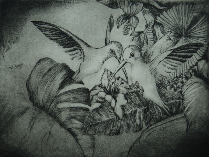 Impressões e gravuras intitulada "colibris duo" por Mouche Lagé, Obras de arte originais, Gravação