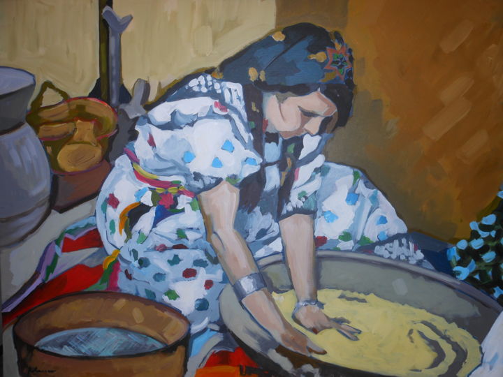 Peinture intitulée "Femme kabyle prépar…" par Rahmouna Boudjellal, Œuvre d'art originale