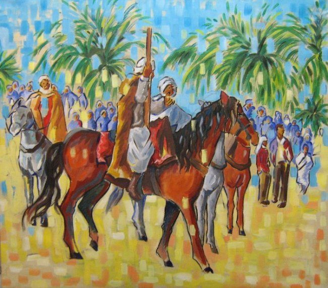 Malarstwo zatytułowany „La course à cheval” autorstwa Rahmouna Boudjellal, Oryginalna praca