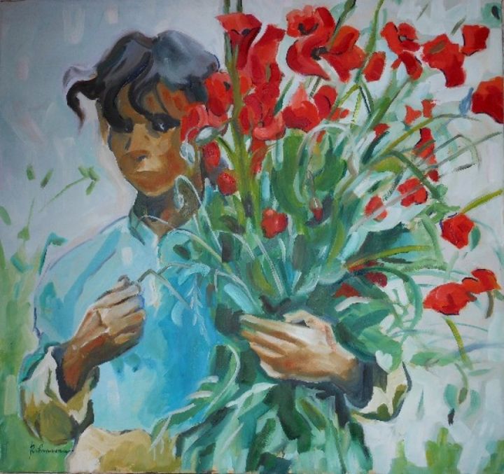 Painting titled "La jeune fille aux…" by Rahmouna Boudjellal, Original Artwork, Oil