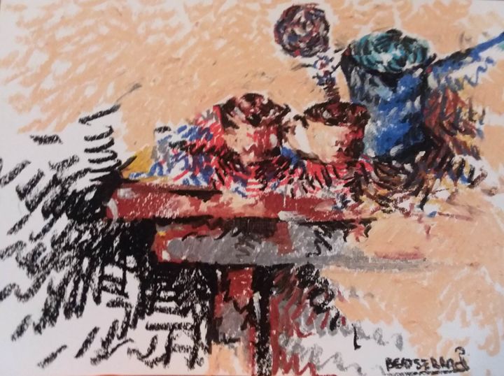 Drawing titled "coffee and  table." by Mouna Benserradj, Original Artwork, Conté