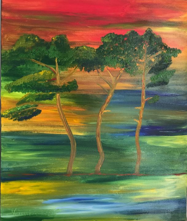 Peinture intitulée "pins sous la tempête" par Mounia Baulesi, Œuvre d'art originale, Huile
