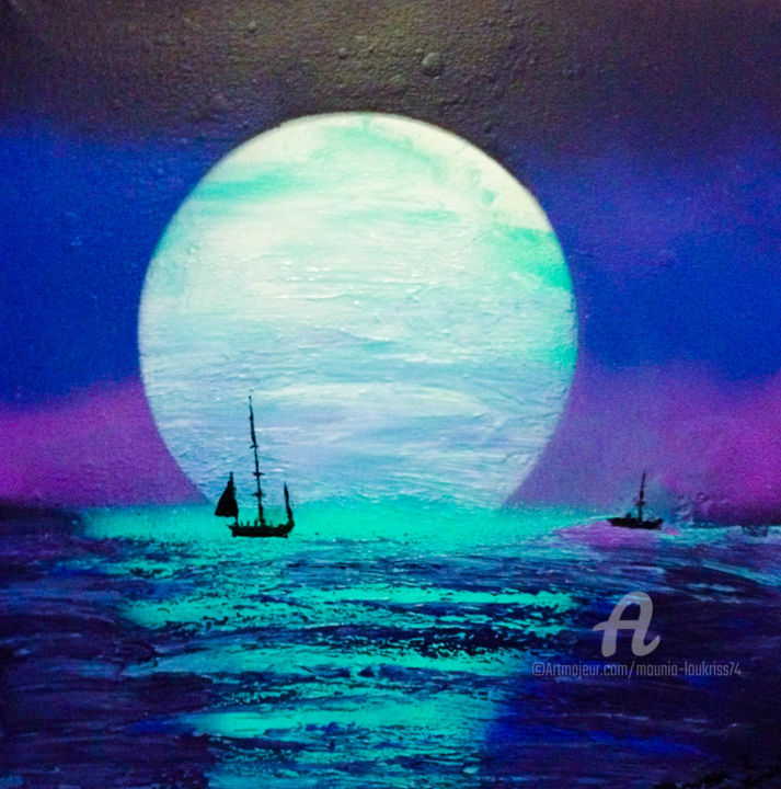 Peinture intitulée "” Coucher de Lune “" par Mounia Loukriss, Œuvre d'art originale, Acrylique